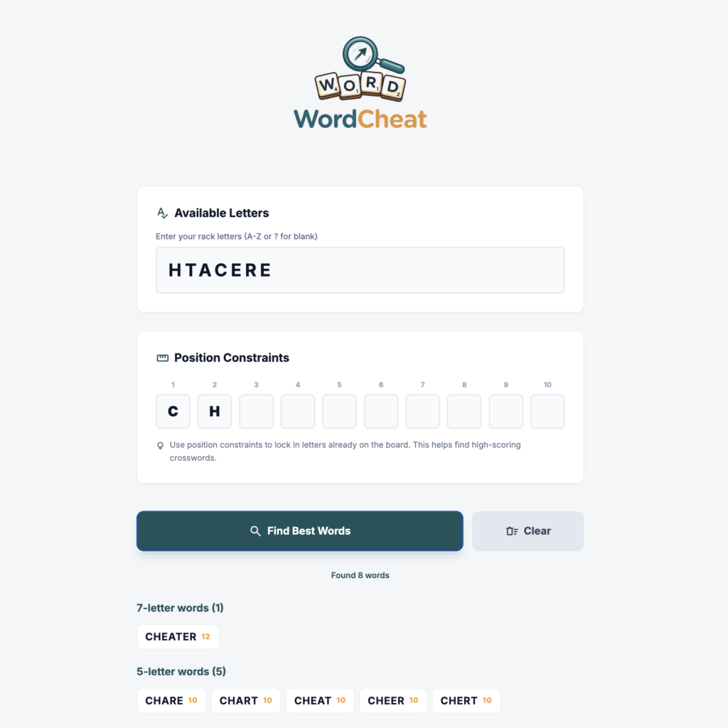 Screenshot of the WordCheat app showing how the app is used